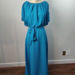 Bright Turquoise Blue Maxi Dress with Self-Tie Belt